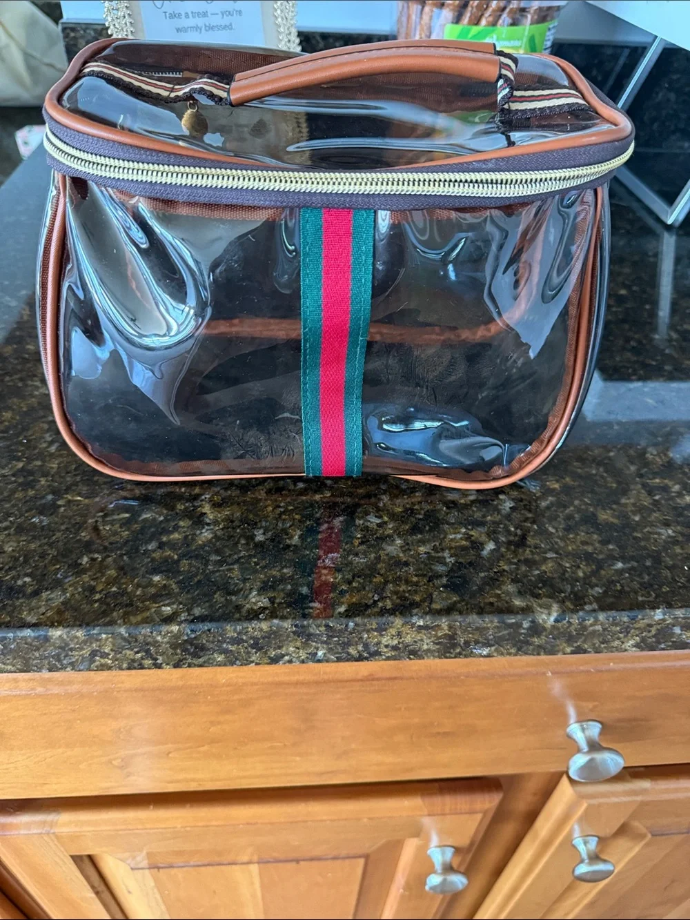 Clear PVC Cosmetic Case with Brown Trim and Green-Red Stripe